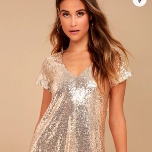 LULU’s Light Up the Night Champagne Sequins Tshirt Dress